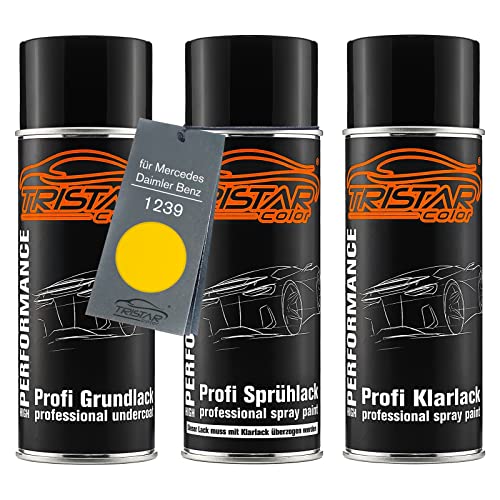 TRISTARcolor Autolack Spraydosen Set für Mercedes/Daimler Benz 1239 Verkehrsgelb/Trafic Yellow Grundlack Basislack Klarlack Sprühdose 400ml von TRISTARcolor