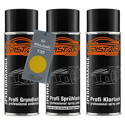 TRISTARcolor Autolack Spraydosen Set für Mitsubishi Y35 Sand Yellow Metallic Grundlack Basislack Klarlack Sprühdose 400ml von TRISTARcolor