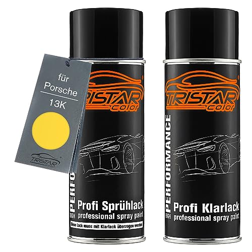 TRISTARcolor Autolack Spraydosen Set für Porsche 13K Sonnengelb/Sunshine Yellow Basislack Klarlack Sprühdose 400ml von TRISTARcolor