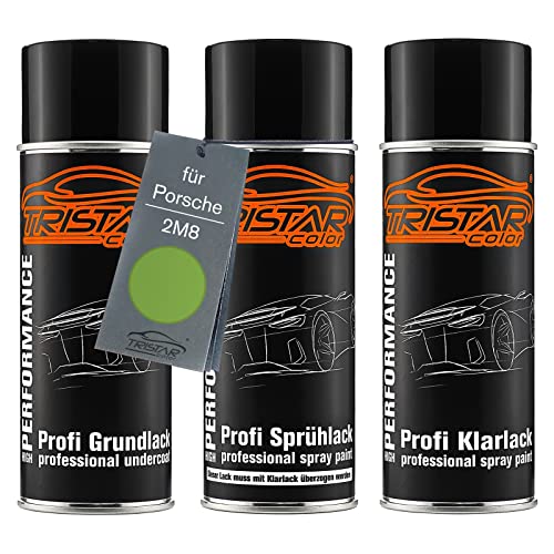 TRISTARcolor Autolack Spraydosen Set für Porsche 2M8 Acid Green Grundlack Basislack Klarlack Sprühdose 400ml von TRISTARcolor