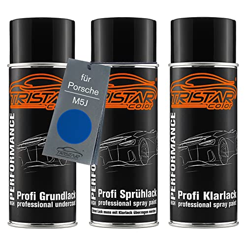 TRISTARcolor Autolack Spraydosen Set für Porsche M5J Saphirblau Metallic/Sapphire Blue Metallic Grundlack Basislack Klarlack Sprühdose 400ml von TRISTARcolor