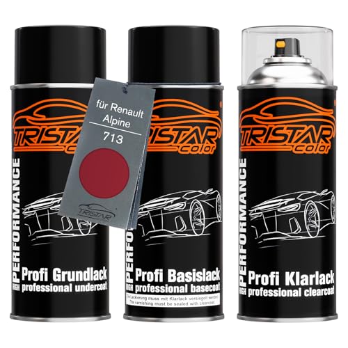 TRISTARcolor Autolack Spraydosen Set für Renault/Alpine 713 Rouge Cerise Nacre/Cherry Red Nacre Grundlack Basislack Klarlack Sprühdose 400ml von TRISTARcolor