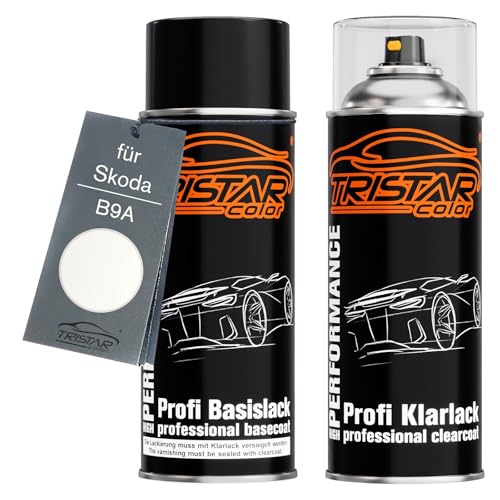 TRISTARcolor Autolack Spraydosen Set für Skoda B9A Sugar White Basislack Klarlack Sprühdose 400ml von TRISTARcolor