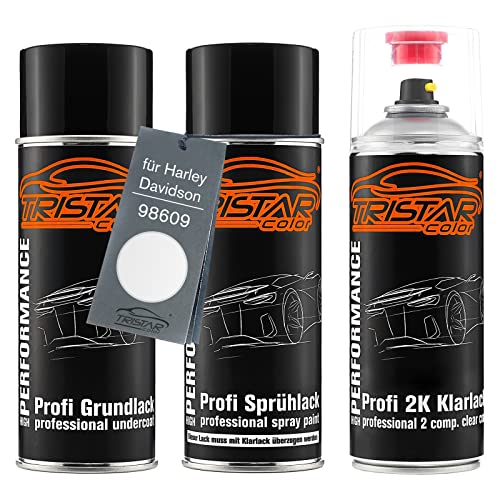 TRISTARcolor Motorradlack 2K Spraydosen Set für Harley Davidson 98609 White Gold Perl Grundlack Basislack 2 Komponenten Klarlack Sprühdose von TRISTARcolor