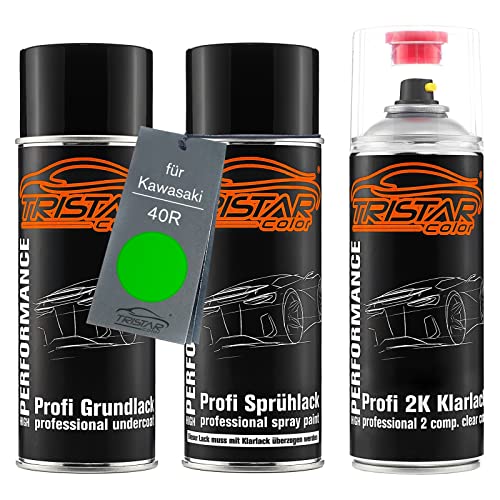 TRISTARcolor Motorradlack 2K Spraydosen Set für Kawasaki 40R Golden Blazed Green Perl Grundlack Basislack 2 Komponenten Klarlack Sprühdose von TRISTARcolor