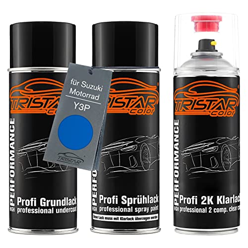 TRISTARcolor Motorradlack 2K Spraydosen Set für Suzuki Motorrad Y3P Blue Perl Grundlack Basislack 2 Komponenten Klarlack Sprühdose von TRISTARcolor