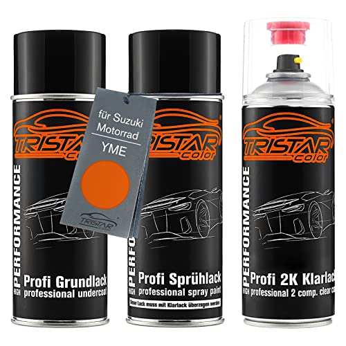 TRISTARcolor Motorradlack 2K Spraydosen Set für Suzuki Motorrad YME Candy Max Orange Grundlack Basislack 2 Komponenten Klarlack Sprühdose von TRISTARcolor