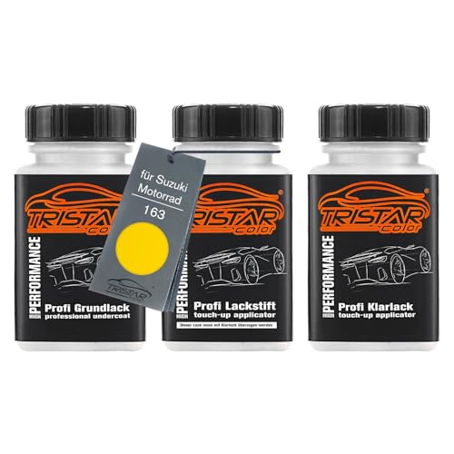 TRISTARcolor Motorradlack Lackstift Set für Suzuki Motorrad 163 Phloling Yellow Grundlack Basislack Klarlack je 50ml von TRISTARcolor