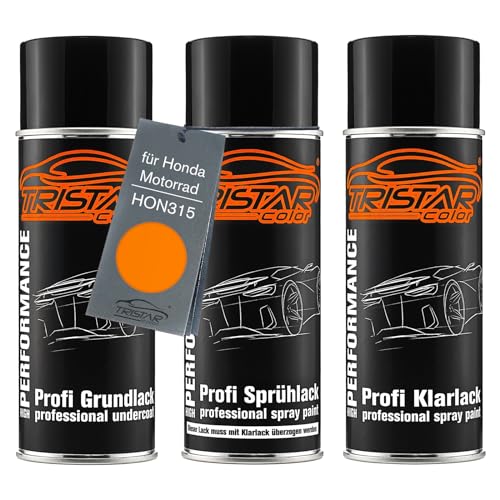 TRISTARcolor Motorradlack Spraydosen Set für Honda Motorrad HON315 Repsol Orange Grundlack Basislack Klarlack Sprühdose 400ml von TRISTARcolor