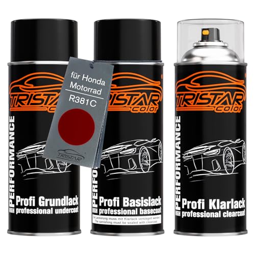 TRISTARcolor Motorradlack Spraydosen Set für Honda Motorrad R381C Rouge Metallic Grundlack Basislack Klarlack Sprühdose 400ml von TRISTARcolor