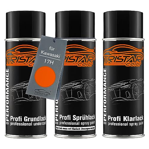 TRISTARcolor Motorradlack Spraydosen Set für Kawasaki 17H Orange Perl Grundlack Basislack Klarlack Sprühdose 400ml von TRISTARcolor