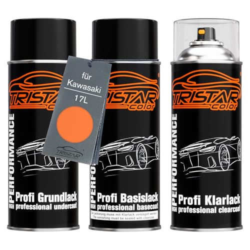 TRISTARcolor Motorradlack Spraydosen Set für Kawasaki 17L Candy Burnt Orange Metallic Grundlack Basislack Klarlack Sprühdose 400ml von TRISTARcolor