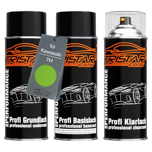 TRISTARcolor Motorradlack Spraydosen Set für Kawasaki 7H Lime Green Grundlack Basislack Klarlack Sprühdose 400ml von TRISTARcolor