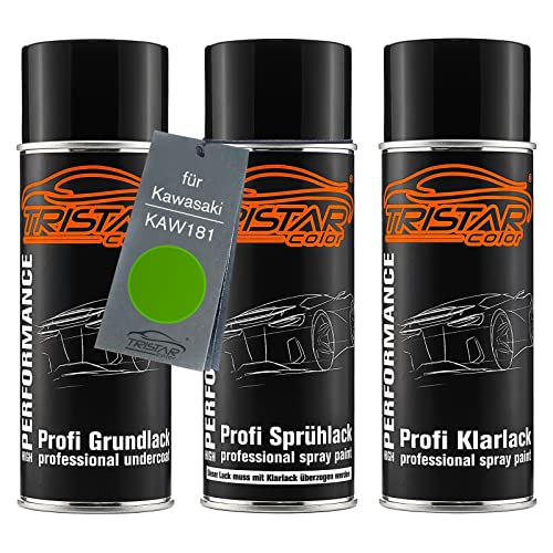 TRISTARcolor Motorradlack Spraydosen Set für Kawasaki KAW181 Candy Lime Green Grundlack Basislack Klarlack Sprühdose 400ml von TRISTARcolor