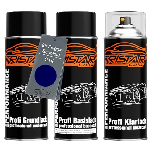 TRISTARcolor Motorradlack Spraydosen Set für Piaggio Scooters 214 Bleu Midnight Metallic Grundlack Basislack Klarlack Sprühdose 400ml von TRISTARcolor