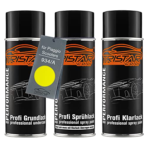 TRISTARcolor Motorradlack Spraydosen Set für Piaggio Scooters 934/A Giallo Limone Grundlack Basislack Klarlack Sprühdose 400ml von TRISTARcolor