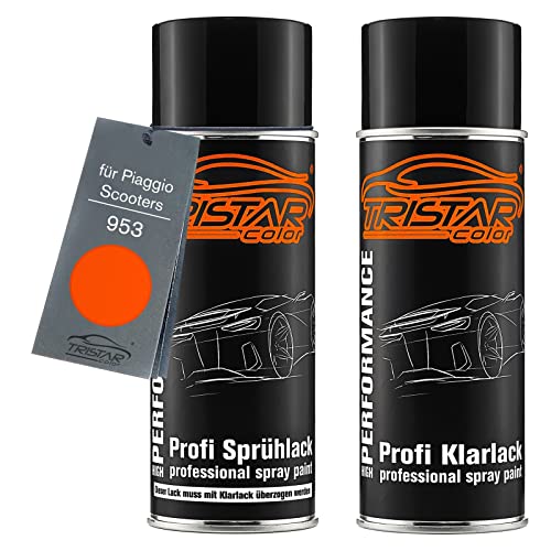 TRISTARcolor Motorradlack Spraydosen Set für Piaggio Scooters 953 Orange Sunrise Basislack Klarlack Sprühdose 400ml von TRISTARcolor