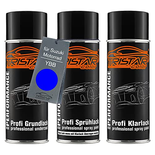 TRISTARcolor Motorradlack Spraydosen Set für Suzuki Motorrad YBB Blue Perl Grundlack Basislack Klarlack Sprühdose 400ml von TRISTARcolor