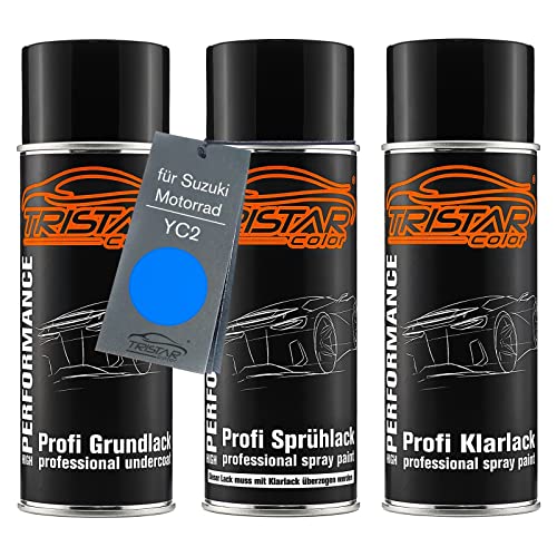 TRISTARcolor Motorradlack Spraydosen Set für Suzuki Motorrad YC2 Candy Grand Blue Perl Grundlack Basislack Klarlack Sprühdose 400ml von TRISTARcolor