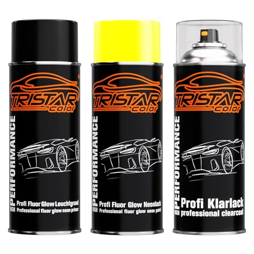 TRISTARcolor Profi Set Fluor Glow Neonlack Gelb glänzend mit Leuchtgrund + Klarlack Sprühdose Spraydose 400ml Autolack schnell trocknend von TRISTARcolor