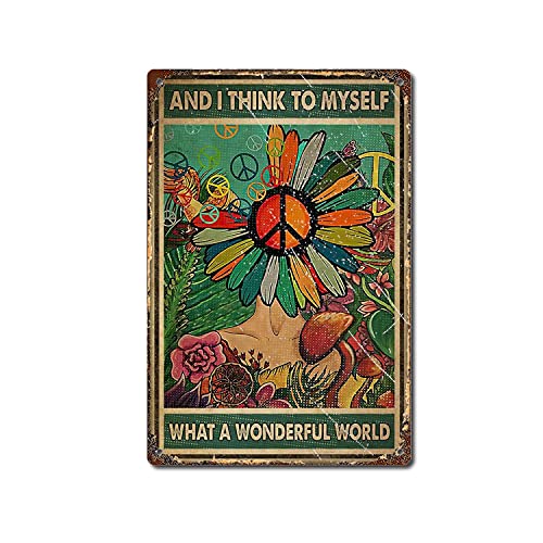 TRITXIY Hippie-Peace-Schild, Sonnenblumenmädchen-Poster und ich denke an mich selbst, was eine wunderbare Welt Poster, Heimdekoration, Retro-Metall-Blechschild, Heimdekoration, Schild, 30 x 40 cm von TRITXIY