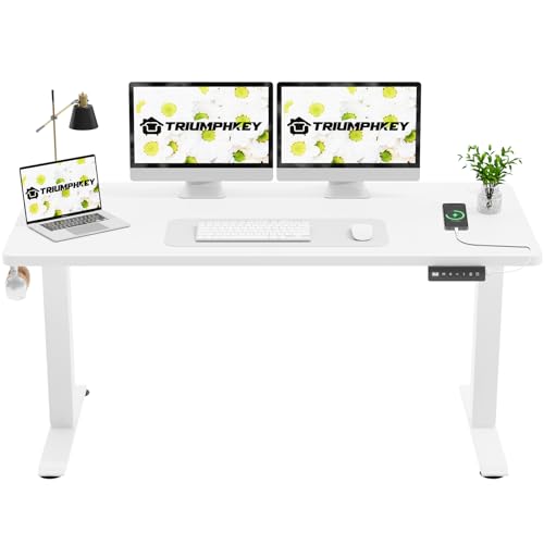 TRIUMPHKEY 140x60cm Schreibtisch Höhenverstellbar Elektrisch,Ganze Tischplatte,Computertisch,Stehsitztisch Schreibtisch ohne Spleiß,Weiß von TRIUMPHKEY