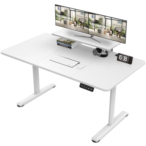 TRIUMPHKEY 140x60cm Schreibtisch Höhenverstellbar mit Regal Höhenverstellbarer Schreibtisch Ergonomischer mit groß Tischplatte Monitorablagen,Steh-Sitz Tisch Computertisch Home Office Weiß von TRIUMPHKEY