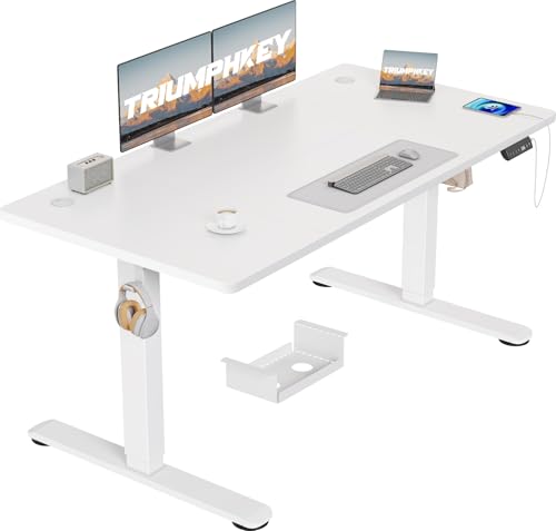 TRIUMPHKEY 140x70 cm Große Schreibtisch Höhenverstellbar mit USB Ladeanschluss, 3 Memory-Steuerung Höhenverstellbarer Schreibtisch mit Anti-Kollisions-System Stehpult Computertisch Gestell Weiß von TRIUMPHKEY