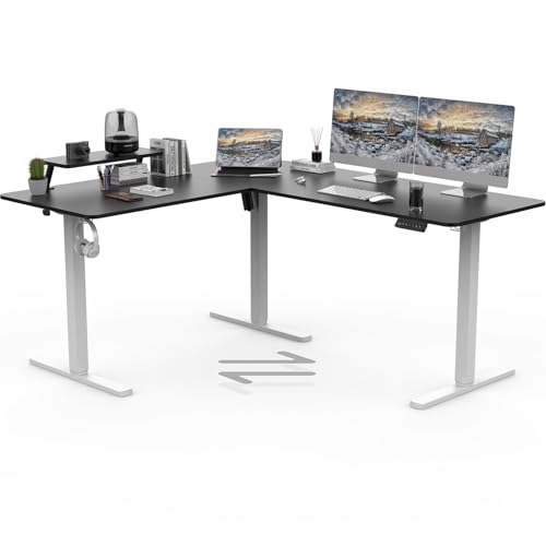 TRIUMPHKEY 160 x 140cm Eckschreibtisch Höhenverstellbar Schreibtisch L Form Höhenverstellbarer Schreibtisch Einzelmotor Regal Memory-Steuerung 3 Beine Schwarz+Weiß von TRIUMPHKEY
