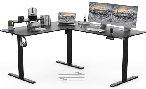 TRIUMPHKEY 160 x 140cm Eckschreibtisch Höhenverstellbar Schreibtisch L Form L-förmiger Schreibtisch Höhenverstellbar Einzelmotor Regal Memory-Steuerung 3 Beine Schwarz von TRIUMPHKEY