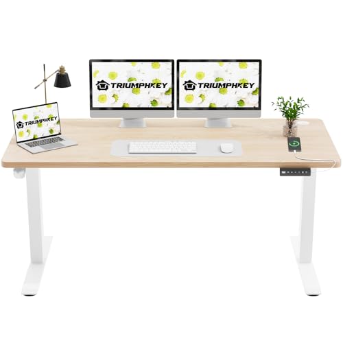 TRIUMPHKEY 160x60cm Schreibtisch Höhenverstellbar Elektrisch,Ganze Tischplatte,Computertisch,Stehsitztisch Schreibtisch ohne Spleiß,Beige von TRIUMPHKEY