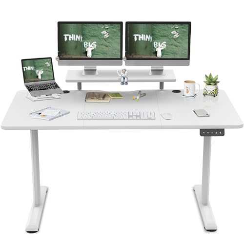 TRIUMPHKEY 160x70cm Höhenverstellbarer Schreibtisch mit Regal groß Schreibtisch Höhenverstellbar Ergonomischer mit groß Tischplatte Monitorablagen,Steh-Sitz Tisch Computertisch Home Office Weiß von TRIUMPHKEY