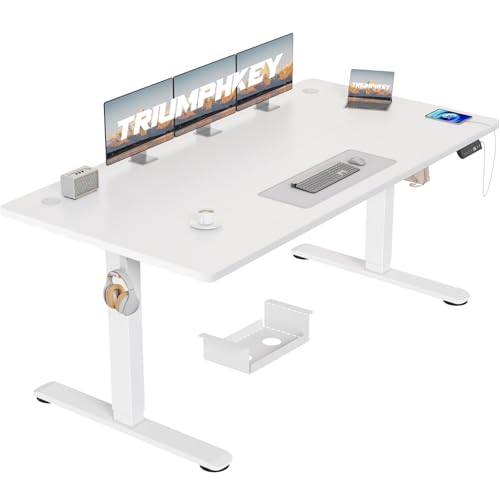 TRIUMPHKEY Höhenverstellbarer Schreibtisch 160x80cm mit USB Ladeanschluss, 3 Memory-Steuerung Schreibtisch Höhenverstellbar groß Anti-Kollisions-System Stehpult Computertisch Weiß Weiss von TRIUMPHKEY