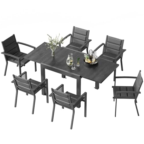 TRIUMPHKEY 6 Personen Gartenmöbel-Set aus Aluminium, 1 Ausziehbarer Tisch (80-160 cm) & 6 stapelbare Stühle Balkon und Terrassen Lounge Set, Dunkle Holzmaserung von TRIUMPHKEY