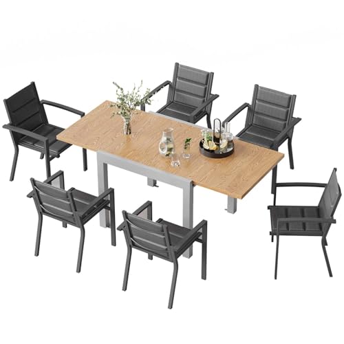 TRIUMPHKEY 6 Personen Gartenmöbel-Set aus Aluminium, 1 Ausziehbarer Tisch (80-160 cm) & 6 stapelbare Stühle Balkon und Terrassen Lounge Set, Protokoll von TRIUMPHKEY