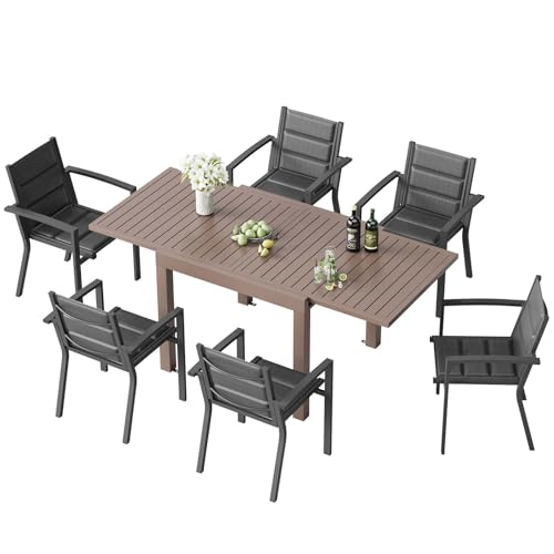 TRIUMPHKEY 6 Personen Gartenmöbel-Set aus Aluminium, 1 Ausziehbarer Tisch (80-160 cm) & 6 stapelbare Stühle Balkon und Terrassen Lounge Set Braun von TRIUMPHKEY