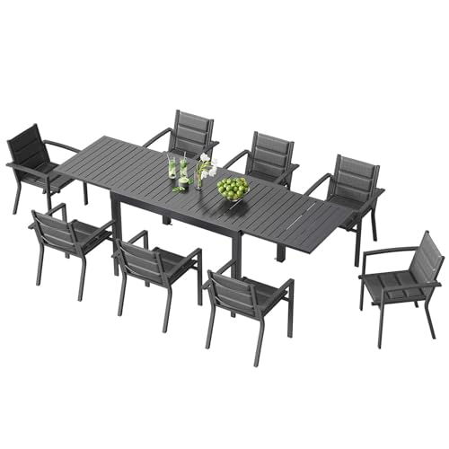 TRIUMPHKEY 8 Personen Gartenmöbel-Set aus Aluminium, 1 Ausziehbarer Tisch (130-260 cm) & 8 stapelbare Stühle Balkon und Terrassen Lounge Set, Dunkelgrau von TRIUMPHKEY
