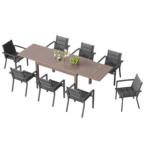 TRIUMPHKEY 8 Personen Gartenmöbel-Set aus Aluminium, inkl 1ausziehbarer Tisch (130-260 cm) & 8 stapelbare Stühle Balkon und Terrassen Lounge Set,Braun von TRIUMPHKEY