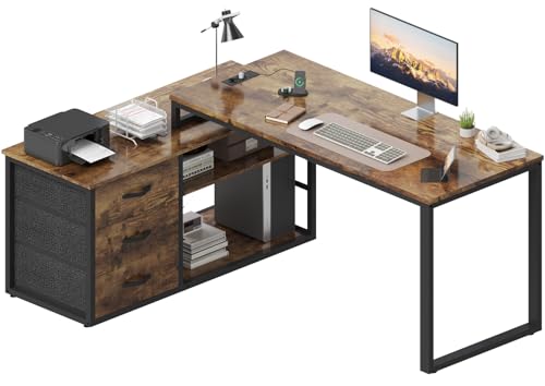 TRIUMPHKEY Eckschreibtisch mit 3 Schubladen&Stauraum, 140 x 105 x 75 cm Reversible Schreibtisch l Form, L-förmiger Schreibtisch mit 2 USB-Ladeanschlüssen und 2 Steckdosen, Braun von TRIUMPHKEY