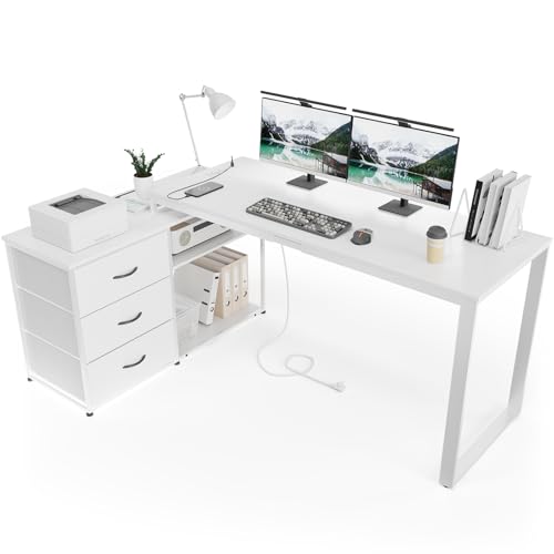 TRIUMPHKEY Schreibtisch l Form mit 3 Schubladen&Stauraum, 140 x 105 x 75 cm Reversible Eckschreibtisch, L-förmiger Schreibtisch mit 2 USB-Ladeanschlüssen und 2 Steckdosen, Weiß von TRIUMPHKEY