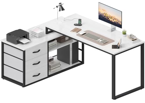 TRIUMPHKEY Eckschreibtisch mit 3 Schubladen&Stauraum, 140 x 105 x 75 cm Reversible Schreibtisch l Form, L-förmiger Schreibtisch mit 2 USB-Ladeanschlüssen und 2 Steckdosen (Grau, 140 x 105 x 75 cm) von TRIUMPHKEY