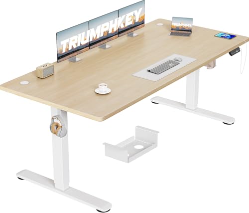 TRIUMPHKEY Höhenverstellbarer Schreibtisch 180x80cm groß mit USB Ladeanschluss, 3 Memory-Steuerung Schreibtisch Höhenverstellbar Anti-Kollisions Computertisch Höhenverstellbarer Tisch Eiche von TRIUMPHKEY