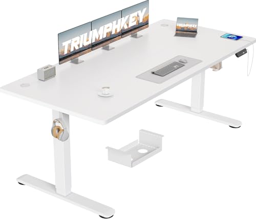 TRIUMPHKEY Höhenverstellbarer Schreibtisch 180x80cm mit USB Ladeanschluss, 3 Memory-Steuerung groß Schreibtisch Höhenverstellbar Anti-Kollisions Stehpult Computertisch Höhenverstellbarer Tisch Weiß von TRIUMPHKEY