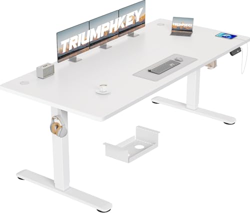 TRIUMPHKEY Höhenverstellbarer Schreibtisch 180x80cm mit 3 Memory-Steuerung groß Schreibtisch Höhenverstellbar Anti-Kollisions Stehpult Computertisch Höhenverstellbarer Tisch USB Steckdose Rollen Weiß von TRIUMPHKEY