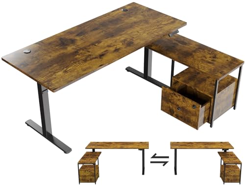 TRIUMPHKEY Elektrischer, höhenverstellbarer Schreibtisch mit Schublade für Dokumente, 160 x 70 cm, L-förmiger Schreibtisch mit USB, wendbar, für Büro, Studio, rustikal braun von TRIUMPHKEY