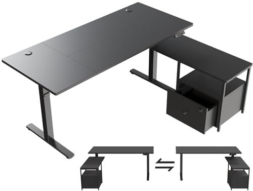 TRIUMPHKEY Elektrischer Schreibtisch, höhenverstellbar, mit Schubladen, 160 x 70 cm, L-förmiger Schreibtisch mit USB, wendbar, für Büro, Studio (schwarz) von TRIUMPHKEY