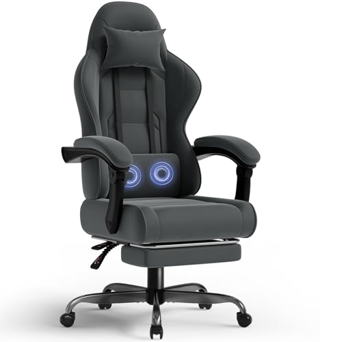 TRIUMPHKEY Gaming Stuhl Stoff, Gamer Sessel mit fußstütze, Gaming Chair Ergonomic mit Massage Lendenkissen, Sitzbreite 50cm Bürostuhl, Gamer Stuhl Massage, Dunkelgrau von TRIUMPHKEY