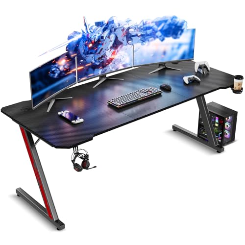 TRIUMPHKEY Gaming Tisch 160 x 60 cm, Gaming Schreibtisch, PC Tisch mit Kopfhörerhaken und Kohlefaserbeschichtung, Ergonomischer Computertisch, Metallgestell, Kohlefaser Schwarz von TRIUMPHKEY