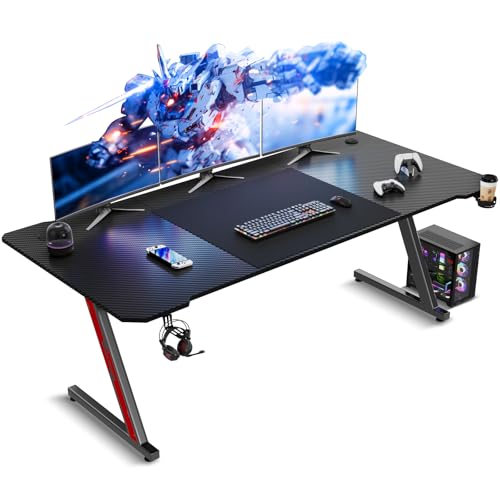 TRIUMPHKEY Gaming Tisch 180 x 60 cm, Gaming Schreibtisch, PC Tisch mit Kopfhörerhaken und Kohlefaserbeschichtung, Ergonomischer Computertisch, Metallgestell, Kohlefaser Schwarz von TRIUMPHKEY