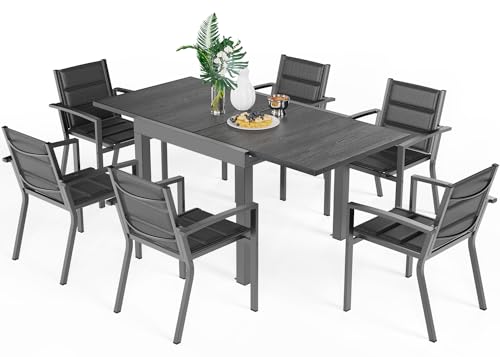 TRIUMPHKEY Gartenmöbel Set für 6~8 Personen,Aluminium Sitzgruppe 6+1,4 Stapelbare Gartenstühle und EIN Dehnbarer Gartentisch,Geeignet für Balkone, Höfe, Terrassen, Gärten von TRIUMPHKEY